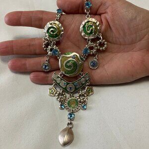 Art Deco-styled Blue/Silver Tone Fashion Costume Necklace & Earring Set